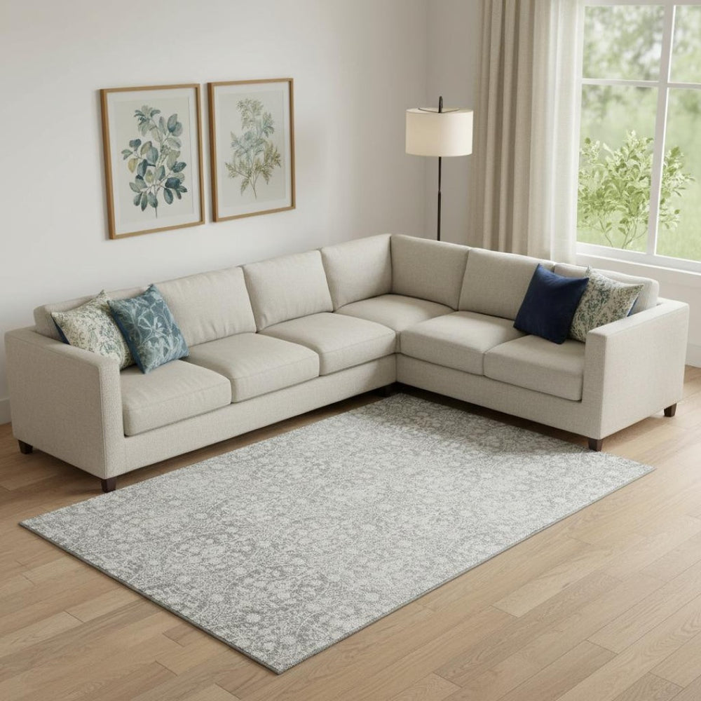 HomeRoots 9' X 12' Gray and Ivory Damask Area Rug – Washable, UV Protected, Durable for Family Spaces & Style 692099