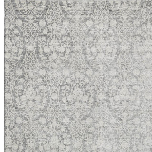 HomeRoots 9' X 12' Gray and Ivory Damask Area Rug – Washable, UV Protected, Durable for Family Spaces & Style 692099