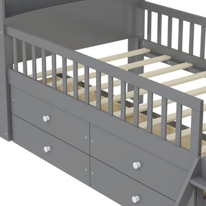 English Elm Twin Bed Frame with Storage Drawers and House Headboard, Kids Platform Bed with Guardrail Ladder and Shelf Gray 49.3 L x 16.25 W x 7.75 H N733S278032E