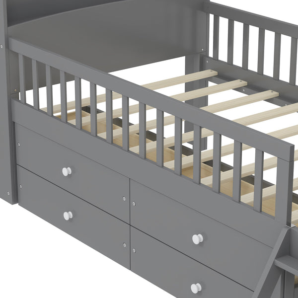 English Elm Twin Bed Frame with Storage Drawers and House Headboard, Kids Platform Bed with Guardrail Ladder and Shelf Gray 49.3 L x 16.25 W x 7.75 H N733S278032E