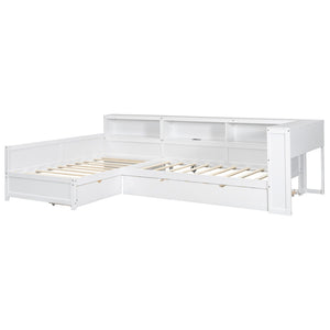 English Elm Wood Twin L-shaped Platform Bed Trundle Shelves Charging Station Kids Room White N7090001045K-1