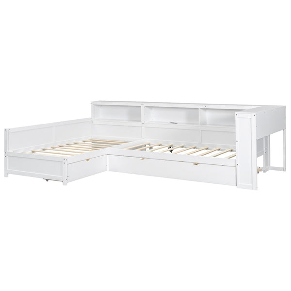 English Elm Wood Twin L-shaped Platform Bed Trundle Shelves Charging Station Kids Room White N7090001045K-1