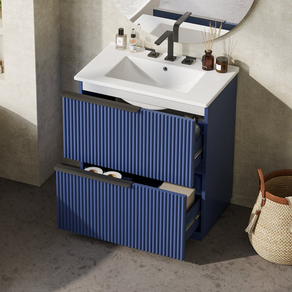 English Elm Christopher Knight Home® - 30" Freestanding Bathroom Vanity With Ceramic Sink, Soft-Close Drawers & Elegant Fluted Design In Blue N817P288915B