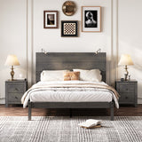 English Elm 3-Pieces Bedroom Sets, Full Size Farmhouse Platform Bed With Two Bedside Lights, 2-Drawer Nightstand, Antique Gray