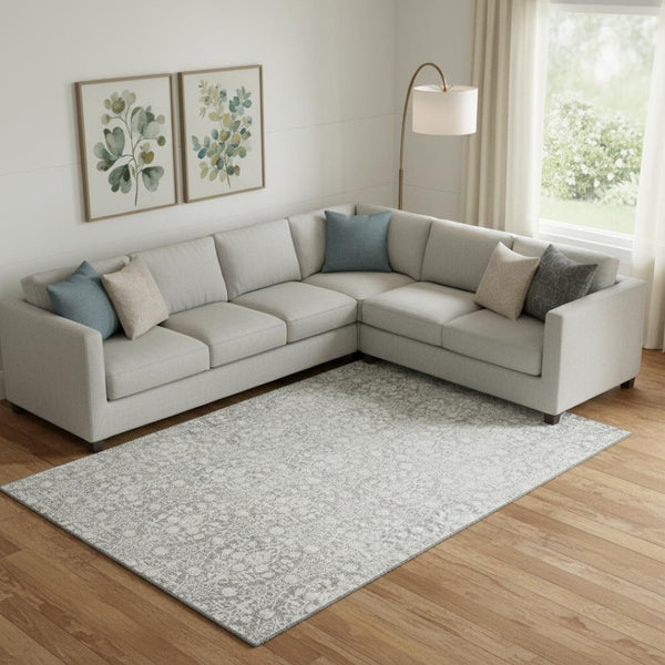 HomeRoots 10' X 14' Gray And Ivory Damask Area Rug - Washable, Stain Resistant, UV Protection for Family Homes 692100