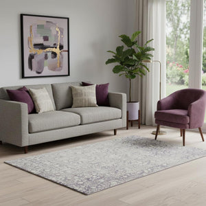 HomeRoots 5' X 8' Plum and Ivory Damask Area Rug – Washable, UV-Protected, Ideal for Busy Homes with Kids & Pets 692102