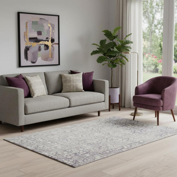 HomeRoots 5' X 8' Plum and Ivory Damask Area Rug – Washable, UV-Protected, Ideal for Busy Homes with Kids & Pets 692102