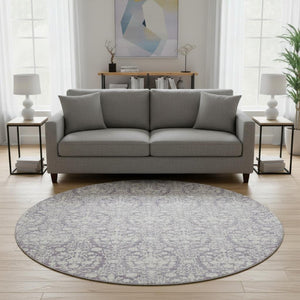 HomeRoots 8' X 8' Elegant Plum and Ivory Damask Round Rug - Washable, UV Protected, Non-Slip, Stain Resistant 692103