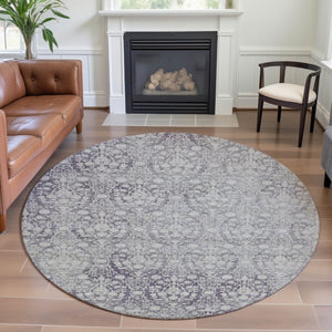 HomeRoots 8' X 8' Elegant Plum and Ivory Damask Round Rug - Washable, UV Protected, Non-Slip, Stain Resistant 692103