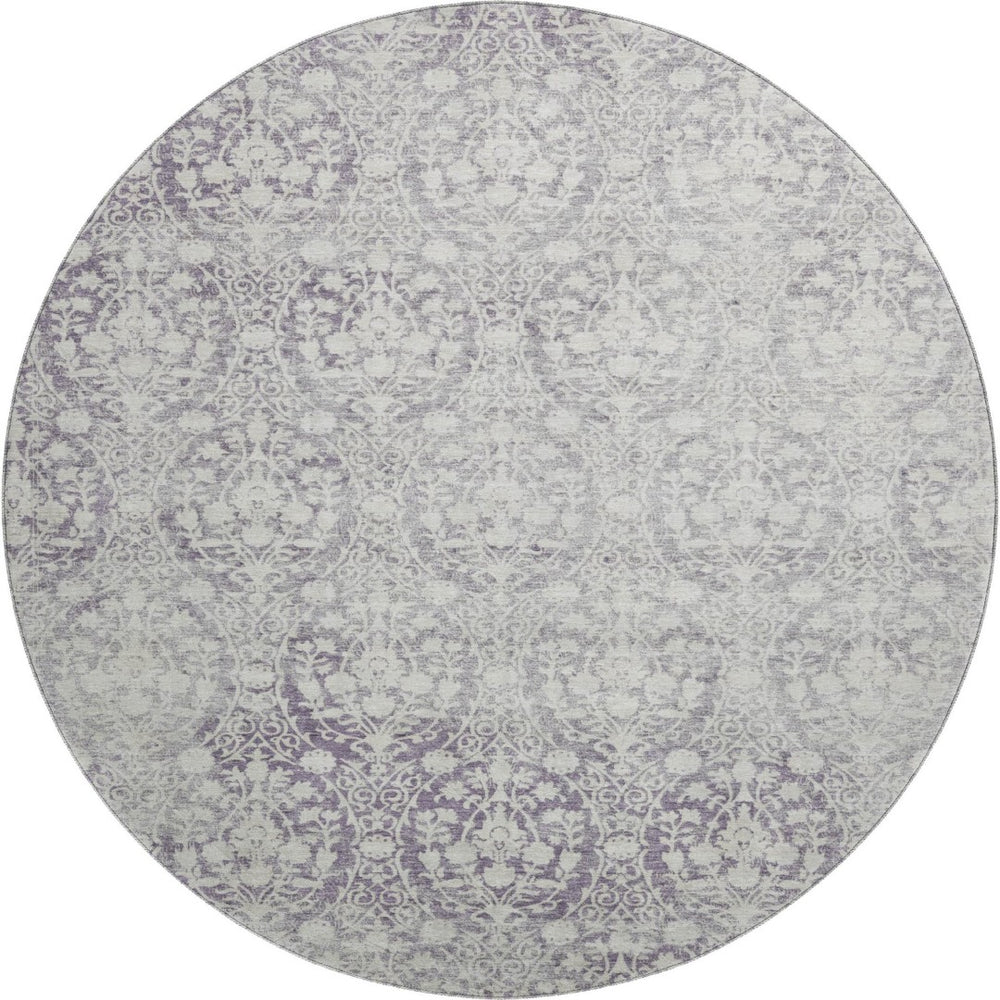 HomeRoots 8' X 8' Elegant Plum and Ivory Damask Round Rug - Washable, UV Protected, Non-Slip, Stain Resistant 692103