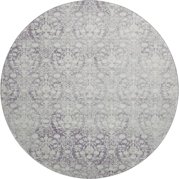 HomeRoots 8' X 8' Elegant Plum and Ivory Damask Round Rug - Washable, UV Protected, Non-Slip, Stain Resistant 692103