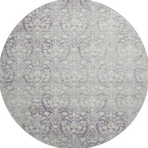 HomeRoots 8' X 8' Elegant Plum and Ivory Damask Round Rug - Washable, UV Protected, Non-Slip, Stain Resistant 692103
