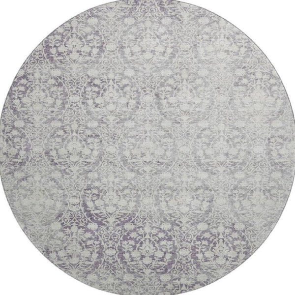 HomeRoots 8' X 8' Elegant Plum and Ivory Damask Round Rug - Washable, UV Protected, Non-Slip, Stain Resistant 692103