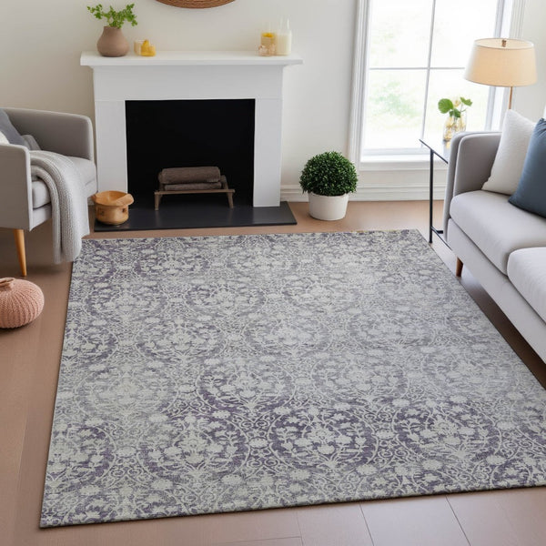 HomeRoots 9' X 12' Damask Washable Area Rug in Plum & Ivory - Stylish, Durable, UV Protected for Busy Homes 692105