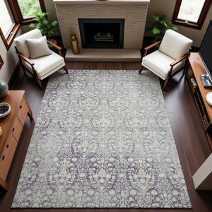 HomeRoots 9' X 12' Damask Washable Area Rug in Plum & Ivory - Stylish, Durable, UV Protected for Busy Homes 692105