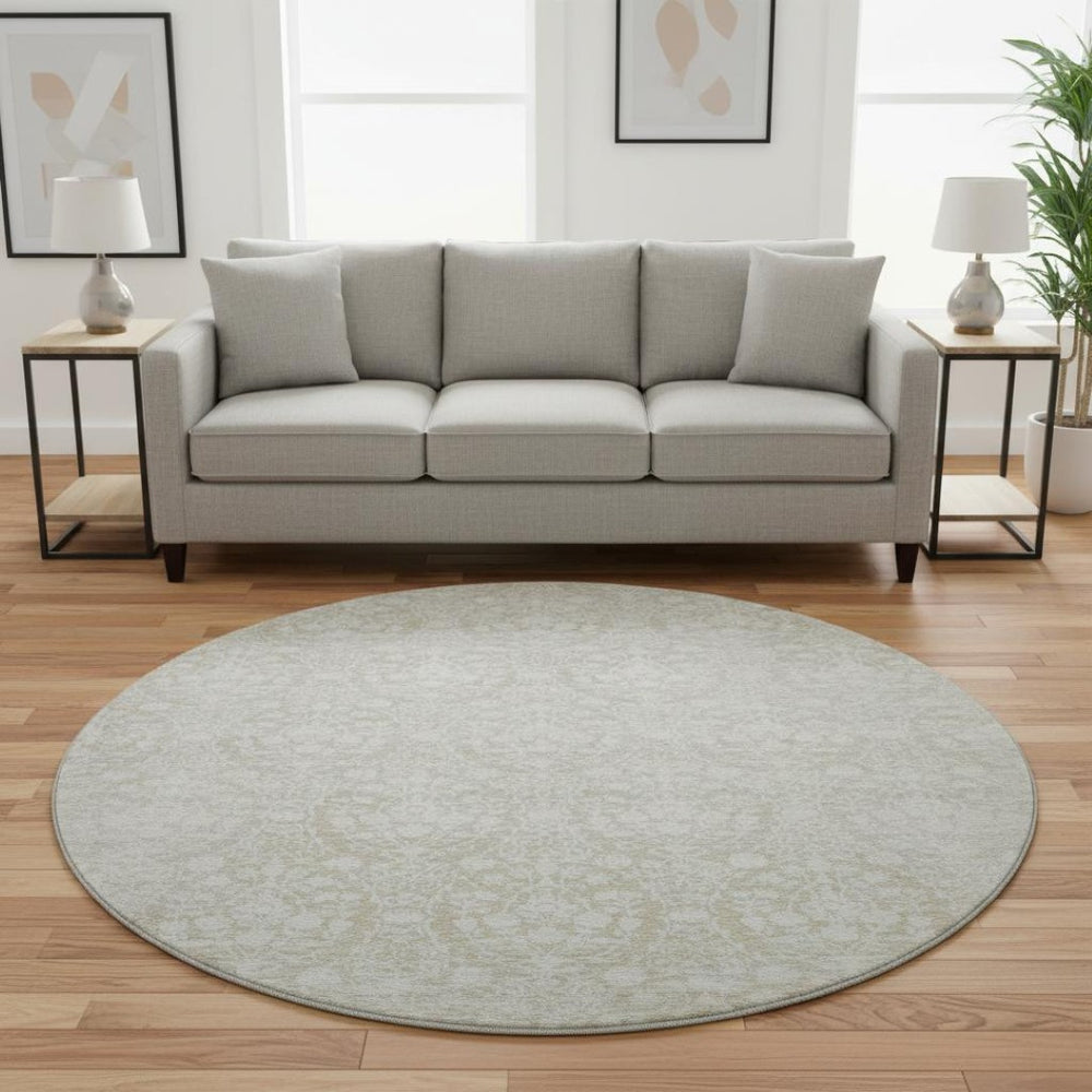 HomeRoots 8' X 8' Tan And Ivory Damask Round Rug - Washable, Durable, UV Protected for Elegant Spaces 692109