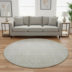 HomeRoots 8' X 8' Tan And Ivory Damask Round Rug - Washable, Durable, UV Protected for Elegant Spaces 692109