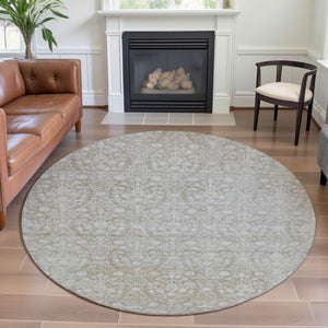 HomeRoots 8' X 8' Tan And Ivory Damask Round Rug - Washable, Durable, UV Protected for Elegant Spaces 692109