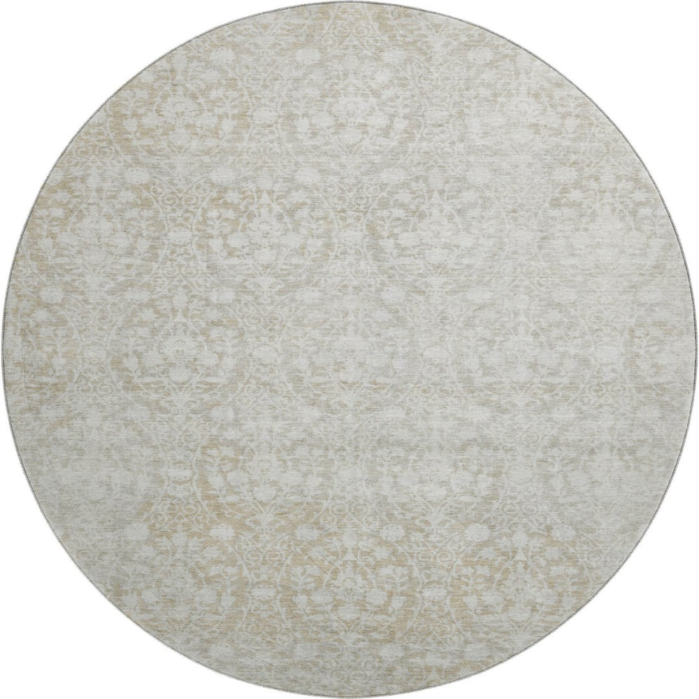 HomeRoots 8' X 8' Tan And Ivory Damask Round Rug - Washable, Durable, UV Protected for Elegant Spaces 692109