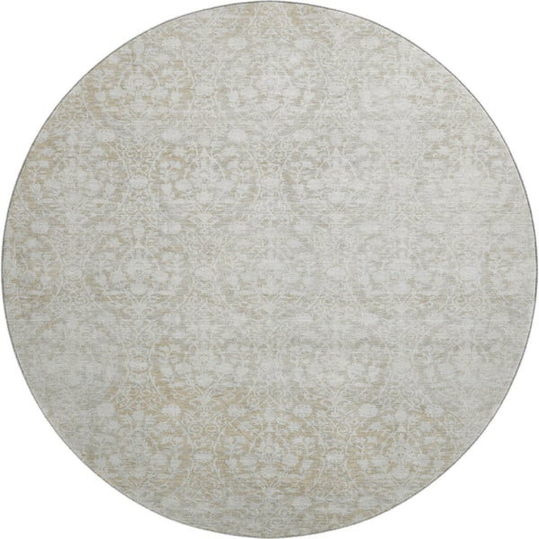 HomeRoots 8' X 8' Tan And Ivory Damask Round Rug - Washable, Durable, UV Protected for Elegant Spaces 692109