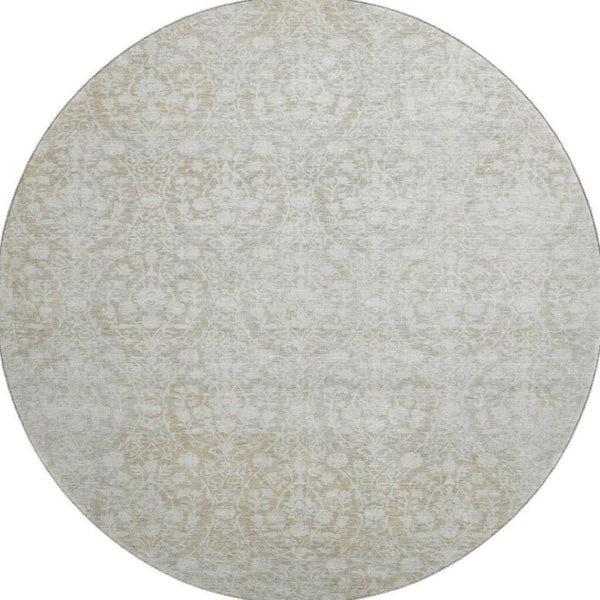 HomeRoots 8' X 8' Tan And Ivory Damask Round Rug - Washable, Durable, UV Protected for Elegant Spaces 692109