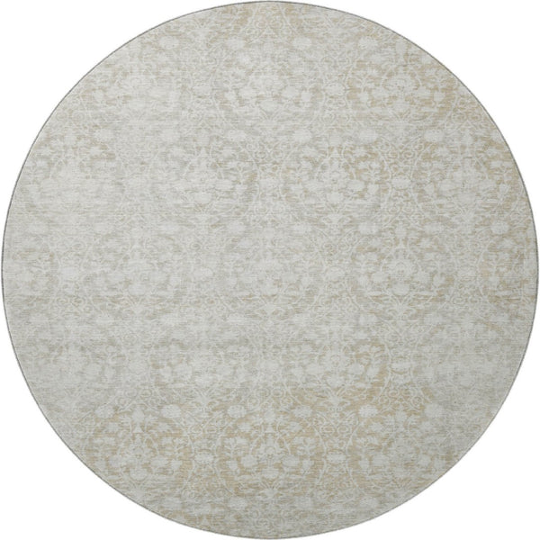 HomeRoots 8' X 8' Tan And Ivory Damask Round Rug - Washable, Durable, UV Protected for Elegant Spaces 692109