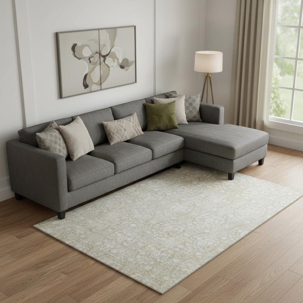 HomeRoots 9' X 12' Tan and Ivory Damask Area Rug - Washable, UV-Protected, Stain-Resistant Elegance for Homes 692111