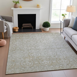 HomeRoots 9' X 12' Tan and Ivory Damask Area Rug - Washable, UV-Protected, Stain-Resistant Elegance for Homes 692111