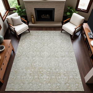 HomeRoots 9' X 12' Tan and Ivory Damask Area Rug - Washable, UV-Protected, Stain-Resistant Elegance for Homes 692111