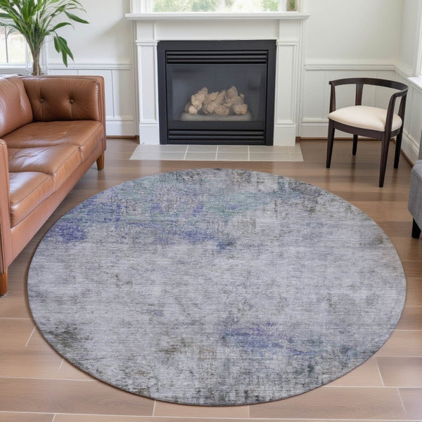 HomeRoots 8' Round Abstract Rug in Brown, Gray & Purple – Washable, UV Protected, Stain-Resistant, Non-Slip Design 692115