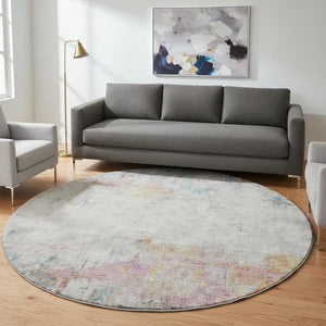 HomeRoots 8' X 8' Vibrant Teal, Pink & Gold Abstract Round Rug - Washable, UV Protected, Stain-Resistant Design 692121