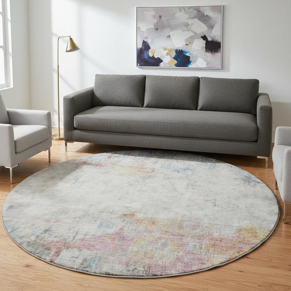 HomeRoots 8' X 8' Vibrant Teal, Pink & Gold Abstract Round Rug - Washable, UV Protected, Stain-Resistant Design 692121