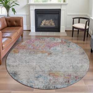HomeRoots 8' X 8' Vibrant Teal, Pink & Gold Abstract Round Rug - Washable, UV Protected, Stain-Resistant Design 692121