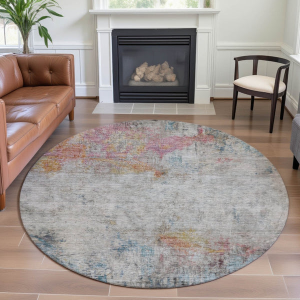 HomeRoots 8' X 8' Vibrant Teal, Pink & Gold Abstract Round Rug - Washable, UV Protected, Stain-Resistant Design 692121