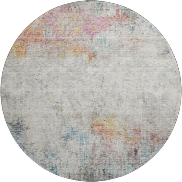 HomeRoots 8' X 8' Vibrant Teal, Pink & Gold Abstract Round Rug - Washable, UV Protected, Stain-Resistant Design 692121