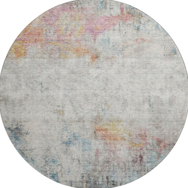 HomeRoots 8' X 8' Vibrant Teal, Pink & Gold Abstract Round Rug - Washable, UV Protected, Stain-Resistant Design 692121