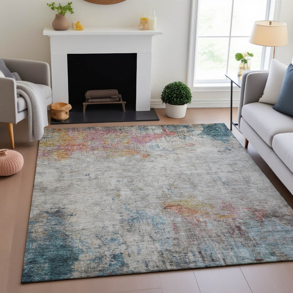 HomeRoots 10' X 14' Teal Pink Gold Abstract Area Rug - Washable, UV Protected, Stain Resistant for High Traffic Spaces 692124