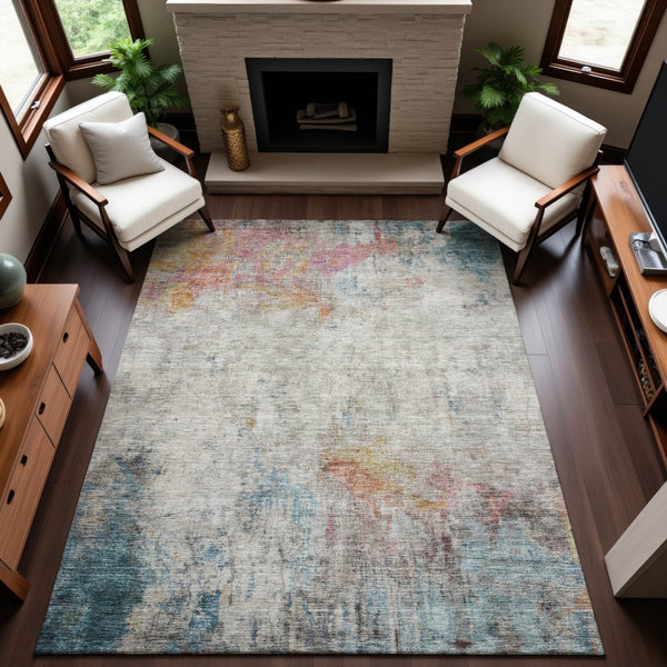 HomeRoots 10' X 14' Teal Pink Gold Abstract Area Rug - Washable, UV Protected, Stain Resistant for High Traffic Spaces 692124