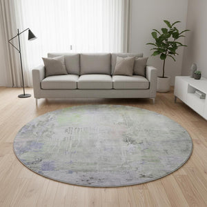 HomeRoots 8' X 8' Abstract Round Rug in Artichoke Green, Gray & Purple - Washable, UV Protected & Durable Design 692127