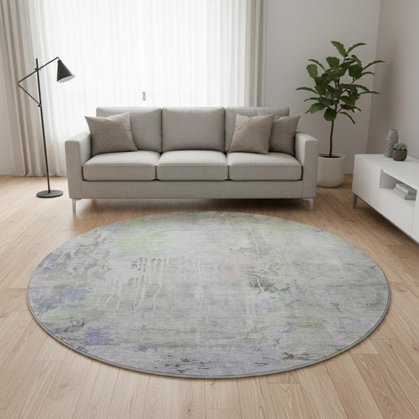 HomeRoots 8' X 8' Abstract Round Rug in Artichoke Green, Gray & Purple - Washable, UV Protected & Durable Design 692127