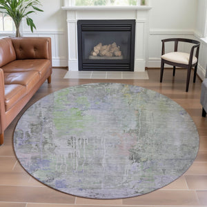 HomeRoots 8' X 8' Abstract Round Rug in Artichoke Green, Gray & Purple - Washable, UV Protected & Durable Design 692127