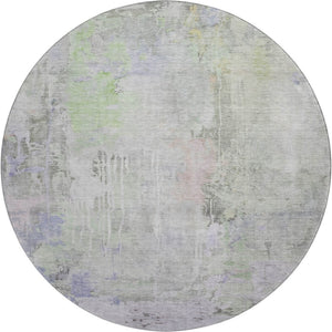 HomeRoots 8' X 8' Abstract Round Rug in Artichoke Green, Gray & Purple - Washable, UV Protected & Durable Design 692127