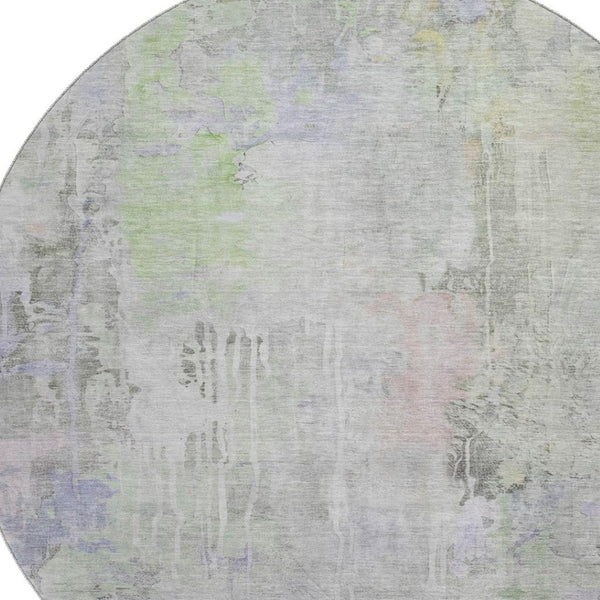 HomeRoots 8' X 8' Abstract Round Rug in Artichoke Green, Gray & Purple - Washable, UV Protected & Durable Design 692127