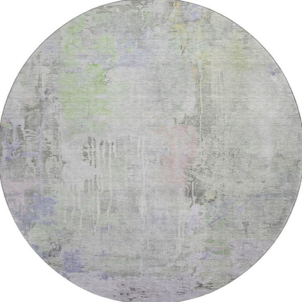 HomeRoots 8' X 8' Abstract Round Rug in Artichoke Green, Gray & Purple - Washable, UV Protected & Durable Design 692127