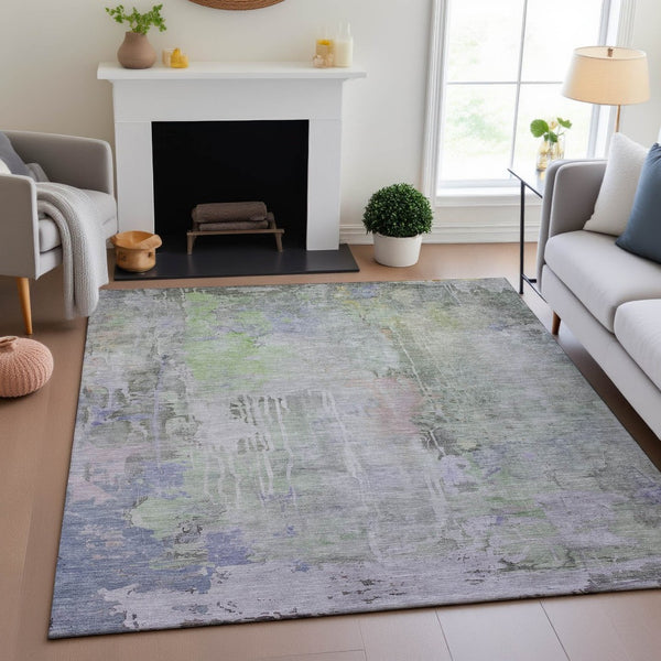 HomeRoots 9' X 12' Contemporary Artichoke Green and Purple Abstract Area Rug – Durable, Washable & UV Protected 692129