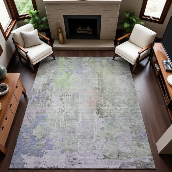 HomeRoots 9' X 12' Contemporary Artichoke Green and Purple Abstract Area Rug – Durable, Washable & UV Protected 692129