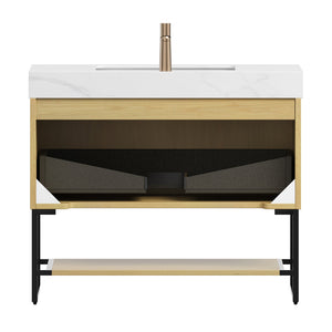 English Elm YOLAN 36" Bathroom Vanity with Integrated Solid Surface Basin, Pre-Assembled Plywood Cabinet, Soft-Close Drawer and Open Towel Shelf Black,Carrara White,Golden Oak,White W2615S00363