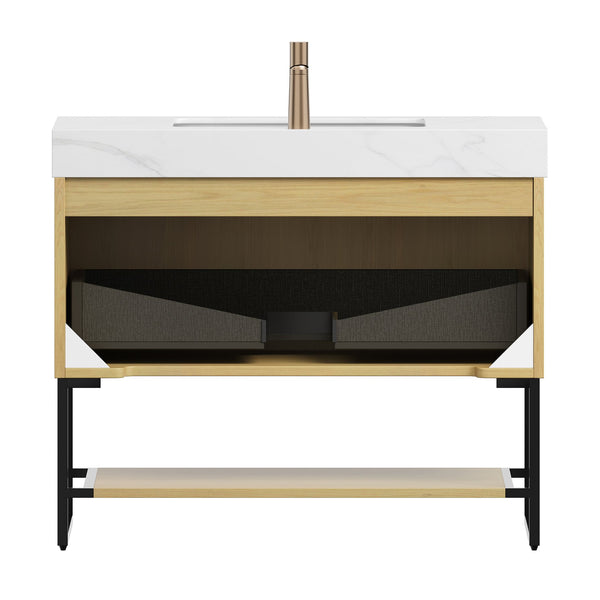 English Elm YOLAN 36" Bathroom Vanity with Integrated Solid Surface Basin, Pre-Assembled Plywood Cabinet, Soft-Close Drawer and Open Towel Shelf Black,Carrara White,Golden Oak,White W2615S00363