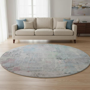 HomeRoots 8' X 8' Abstract Blue-Green & Gray Washable Round Rug with UV Protection for High-Traffic Areas 692133