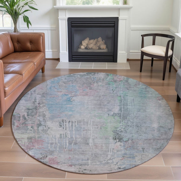 HomeRoots 8' X 8' Abstract Blue-Green & Gray Washable Round Rug with UV Protection for High-Traffic Areas 692133